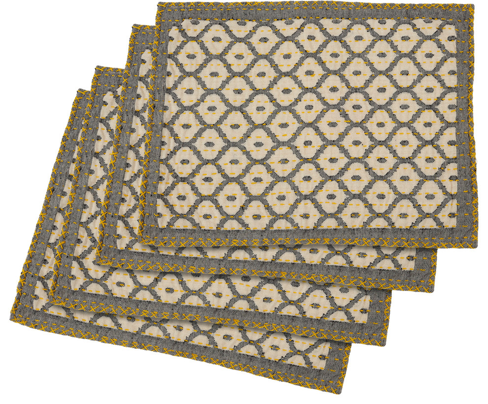Artisan Hand Loomed Place Mat, Gray With Yellow Stitching, 14"x19", Set of 4 Mediterranean