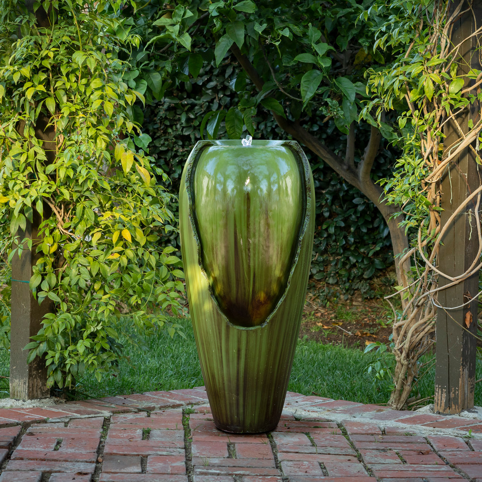 Alpine Water Jar Fountain With LED Light, Green, 32" Tall