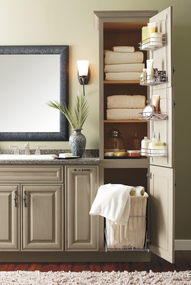 Mid-sized traditional master bathroom in Other with raised-panel cabinets and grey benchtops.