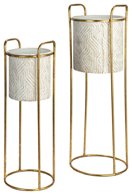 Metal Planter on Stand, Set of 2, Cream and Gold