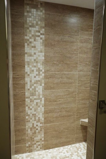 Inspiration for a mid-sized rustic master beige tile and porcelain tile porcelain tile walk-in shower remodel