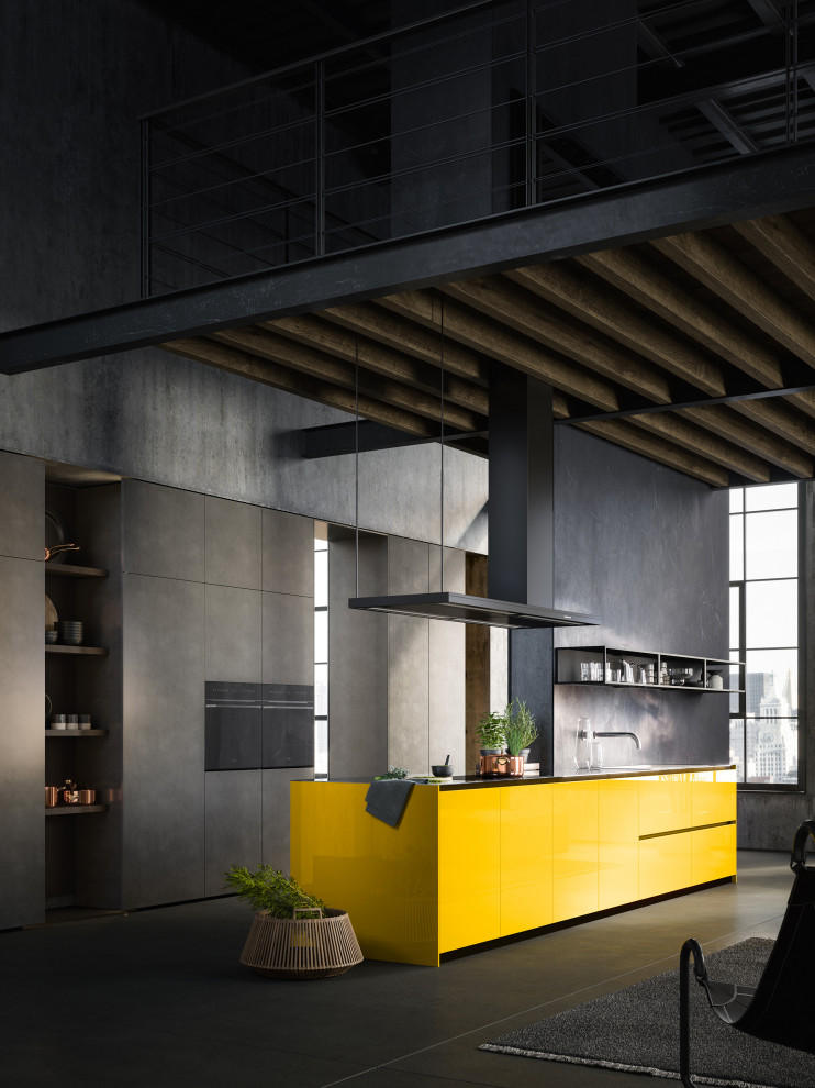 На фото: кухня среднего размера в стиле модернизм с монолитной мойкой, открытыми фасадами, желтыми фасадами, столешницей из оникса, островом и серой столешницей с