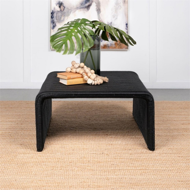 Pemberly Row Coastal Woven Rattan Square U-Shaped Coffee Table in Black ...