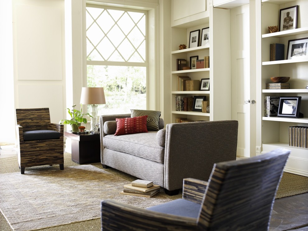 Inspiration for an eclectic living room in Dallas with white walls.