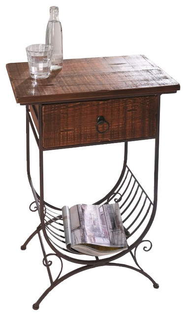 Accent Side Table With Wooden Top Drawer And Metal Bottom Magazine