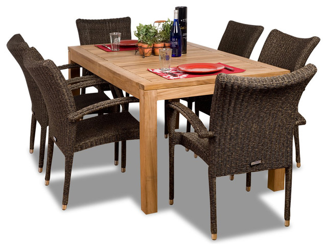 Brussels 7 Piece Teak And Wicker Rectangular Patio Dining Set
