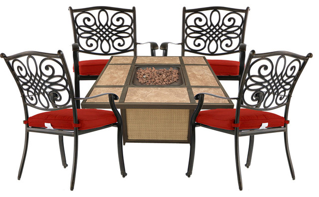 Traditions 5 Piece Patio Fire Pit Set With Chairs Tile Top