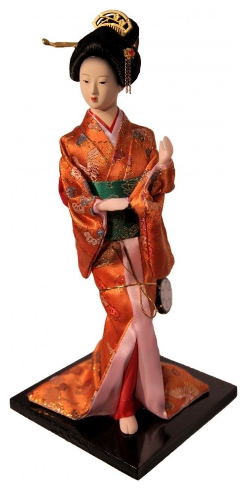 12" Dancing Japanese Geisha Doll With Drum, Orange Kimono.