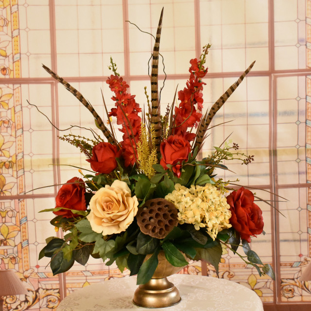 Red and Gold Silk Floral Design With Feathers Traditional