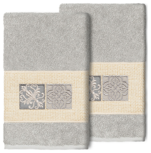 100% Turkish Cotton Vivian 2-Piece Embellished Hand Towel Set, Light Gray