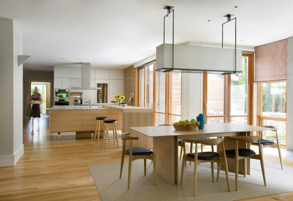 Photo of a scandinavian eat-in kitchen in Boston with flat-panel cabinets and white cabinets.