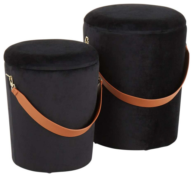 Nesting Strap Ottoman in Black Velvet with Brown Faux Leather Strap Transitional Footstools