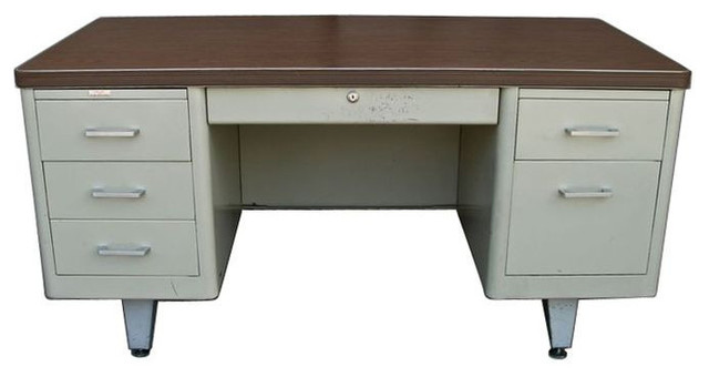 Vintage Metal Double Pedestal Tanker Desk - $1,600 Est. Retail - $500 on Chairis