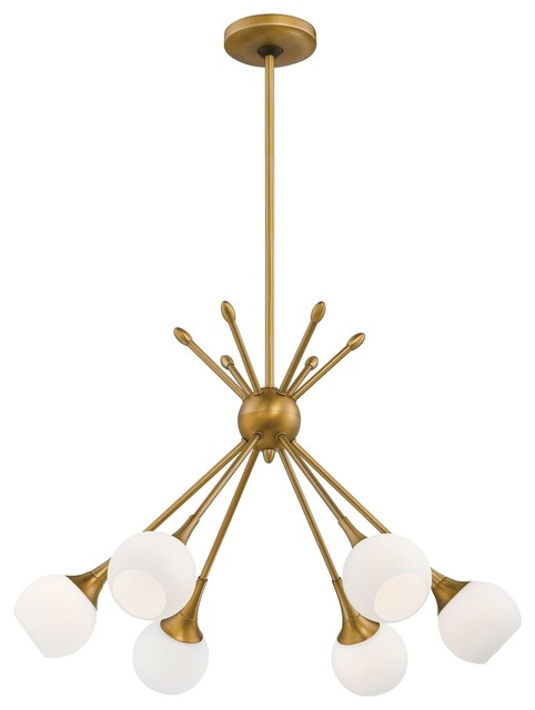 Pontil 6-Light Chandelier, H1y Gold With Etched White Glass Glass