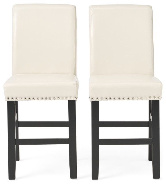 Perrin Contemporary Upholstered Counter Stools with Nailhead Trim (Set of 2), Ivory, Faux Leather