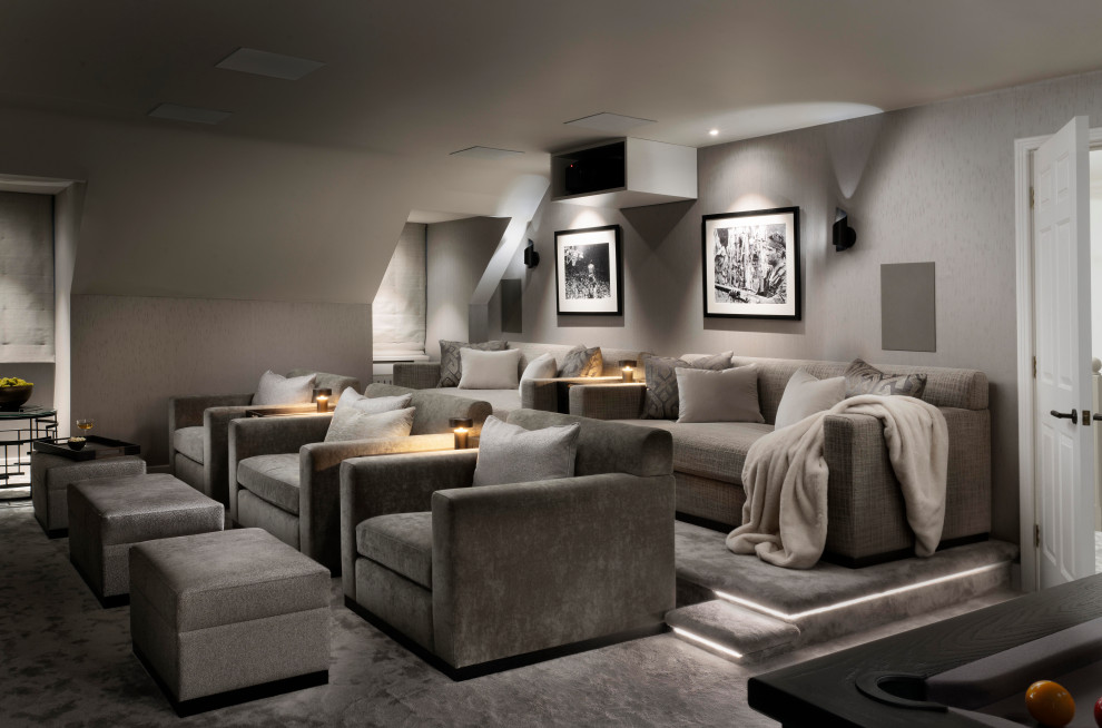 Contemporary home cinema in Surrey with feature lighting.
