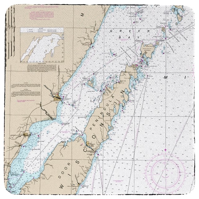 Door County Green Bay Wi Nautical Map Coaster Set Of 4