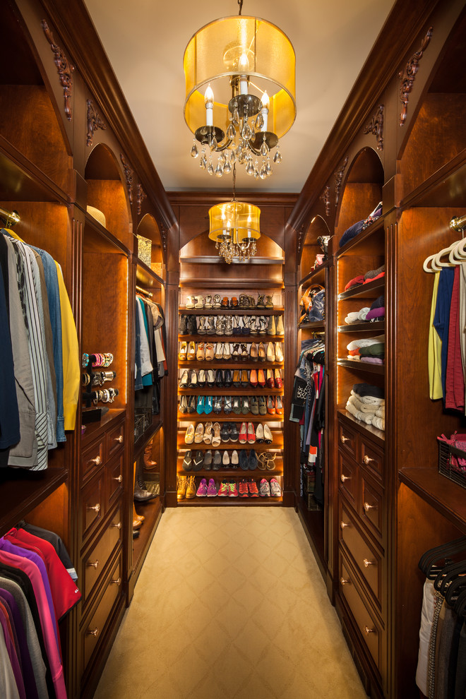 Inspiration for a traditional gender-neutral walk-in wardrobe in Seattle with open cabinets, dark wood cabinets and carpet.