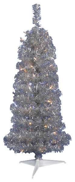 4 5 Pre Lit Silver Artificial Tinsel Pencil Christmas Tree Clear 4 5 Pre Lit Silver Artificial Tinsel Pencil Christmas Tree Clear Lights