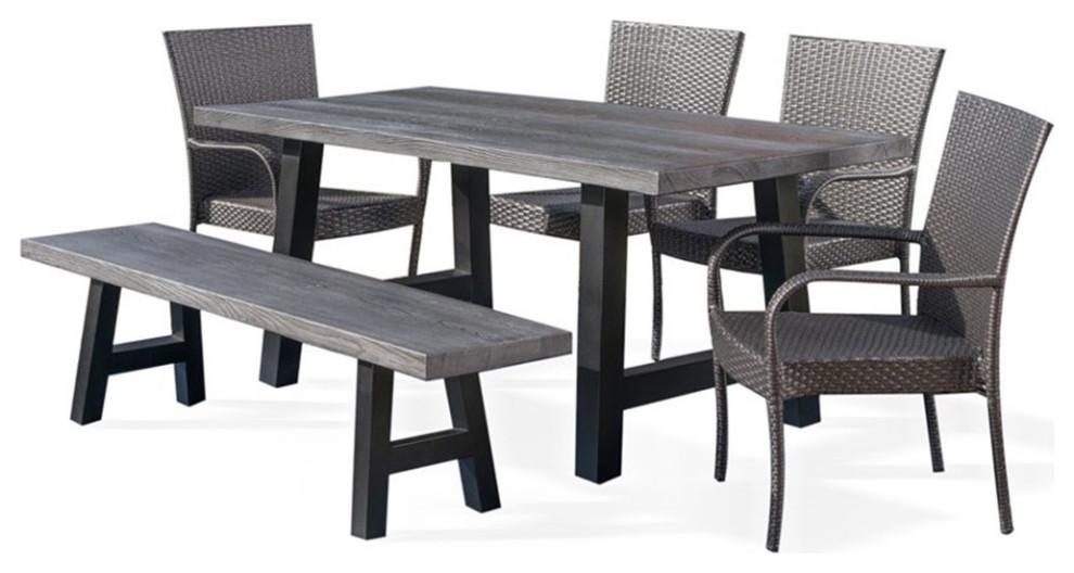 Noble House Morrison 6 Piece Concrete Top Patio Dining Set in Natural Gray Tropical Outdoor