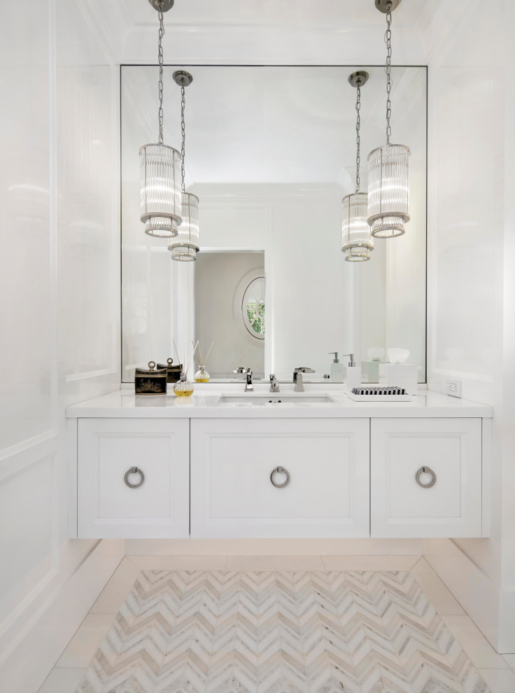 Transitional powder room in San Francisco with panelled walls.