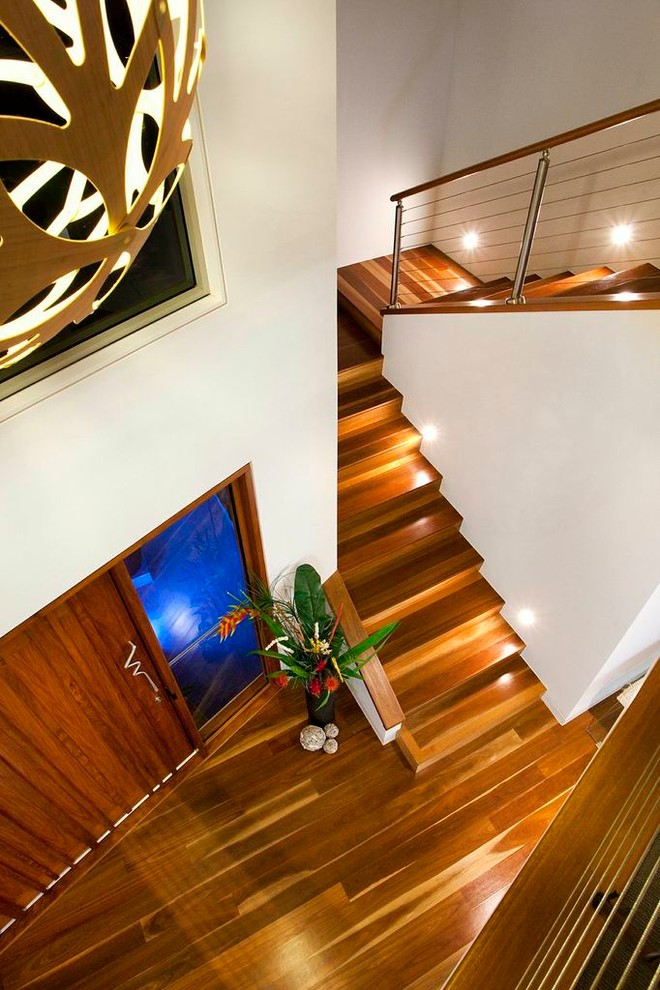 This is an example of an expansive contemporary staircase in Sunshine Coast with white walls, medium hardwood floors, a pivot front door and a medium wood front door.