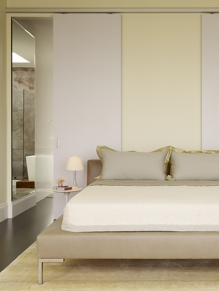 Modern master bedroom in San Francisco with beige walls.