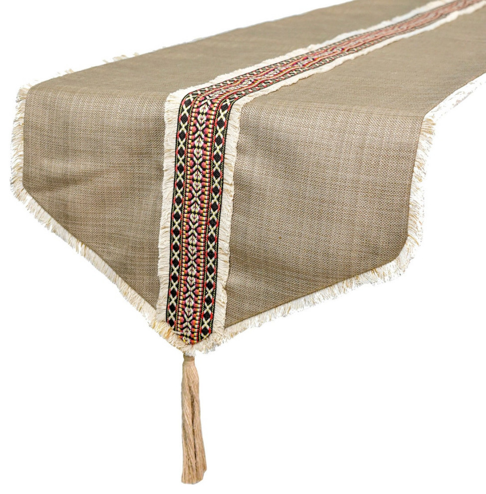 Table Runner Beige Linen & Jute 14"x108" Tribal Moroccan Lace & Tassel - Buchra
