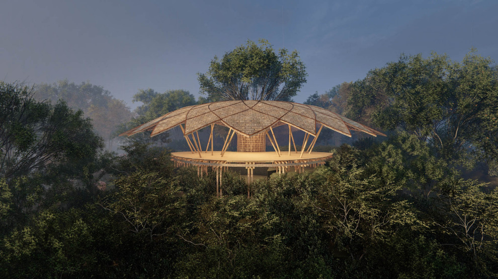 Ispirazione per una grande palestra in casa tropicale con pavimento in bambù e pavimento beige