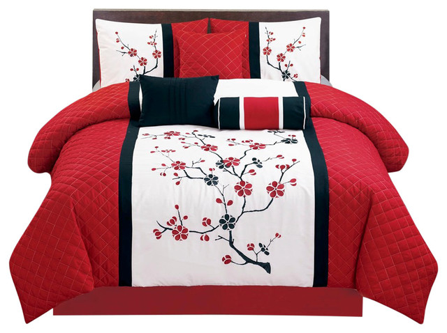 Sakura Embrodieried 7 Piece Comforter Set Asian Comforters And