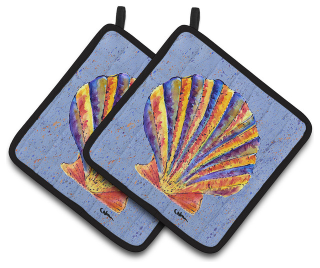 Scalloped Shell on Blue Pot Holders, Set of 2 Beach Style Oven