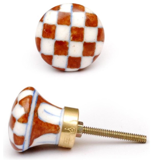 Checker Board Knobs, Brown And White, Set of 3