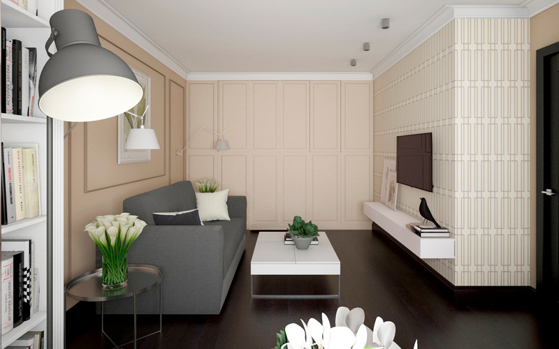На фото: маленькая гостиная комната в скандинавском стиле с темным паркетным полом, бежевыми стенами и телевизором на стене для на участке и в саду с