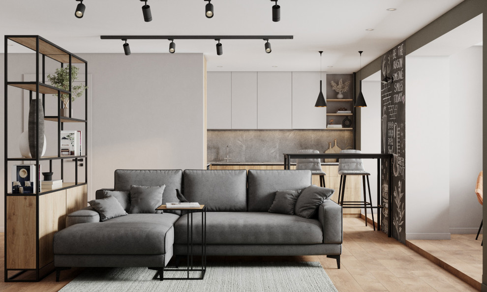 Inspiration for a medium sized contemporary grey and black open plan living room with grey walls, vinyl flooring, no fireplace, a wall mounted tv and brown floors.