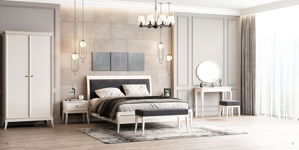 Пример оригинального дизайна: хозяйская спальня среднего размера в стиле неоклассика (современная классика) с бежевыми стенами, паркетным полом среднего тона, разноцветным полом и панелями на части стены