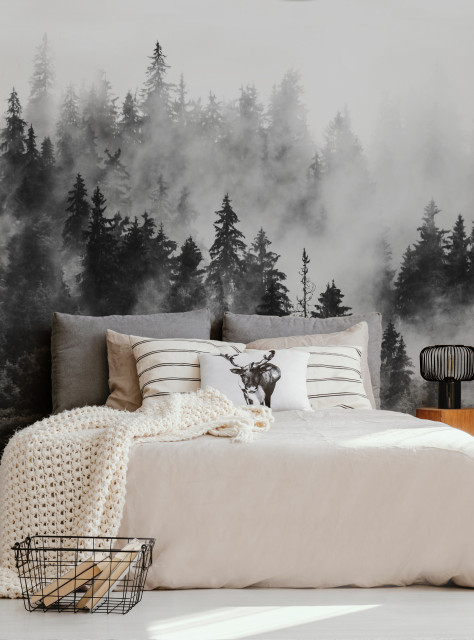 Black and white wallpaper with thick fog over the forest Peel & Stick Self adhesive Repositionable removable wallpaper