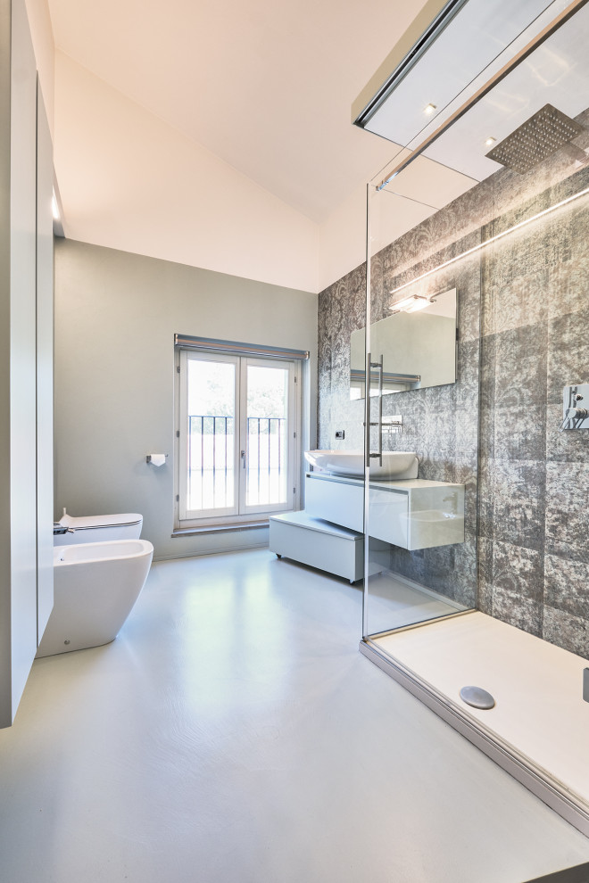 This is an example of a large contemporary 3/4 bathroom in Florence with flat-panel cabinets, green cabinets, a double shower, a two-piece toilet, green tile, green walls, concrete floors, a vessel sink, concrete benchtops, green floor, a sliding shower screen and turquoise benchtops.