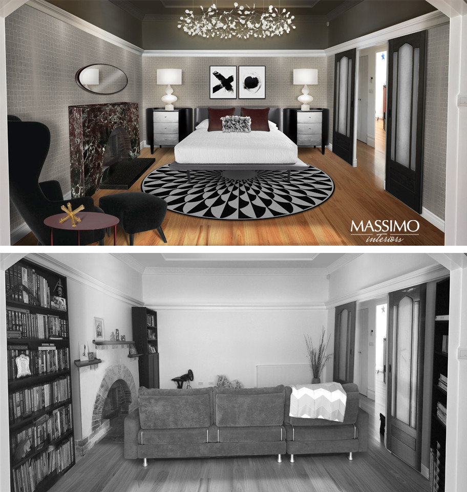 Design ideas for a large contemporary master bedroom in Melbourne with white walls, medium hardwood floors, a wood stove, a brick fireplace surround and brown floor.