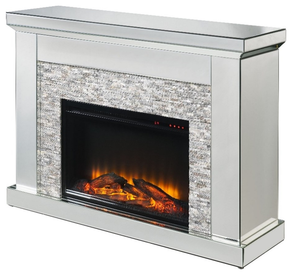 Benzara Wood Electric Fireplace with Mirror Framing and Stones Inlay