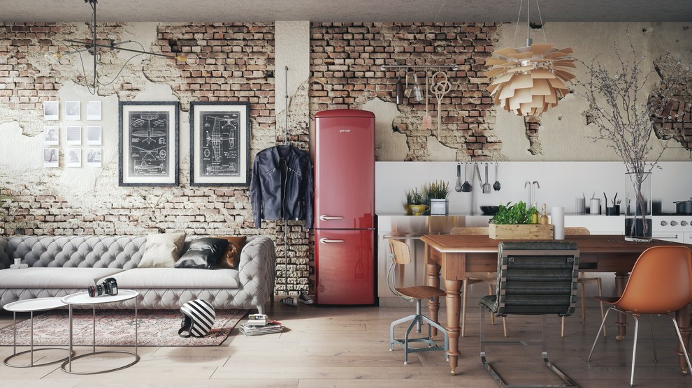 Design ideas for a mid-sized industrial open plan kitchen in Paris with a double-bowl sink, flat-panel cabinets, white cabinets, zinc benchtops, metallic splashback, metal splashback, coloured appliances, dark hardwood floors, no island and brown floor.