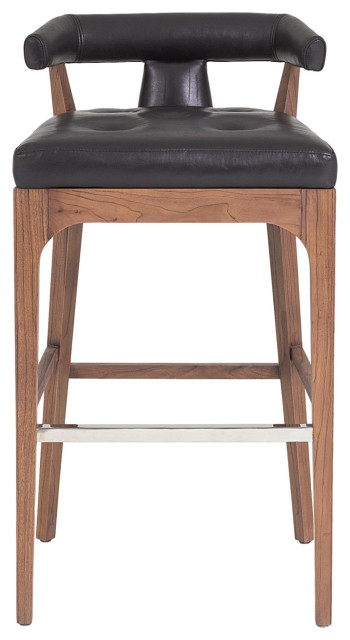 Luxe Sleek Contemporary Black Leather Bar Stool 38" Open T Back Walnut