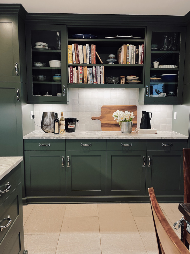 Enclosed kitchen - mid-sized transitional l-shaped marble floor and beige floor enclosed kitchen idea with an undermount sink, shaker cabinets, green cabinets, quartzite countertops, white backsplash, ceramic backsplash, stainless steel appliances, a peninsula and gray countertops