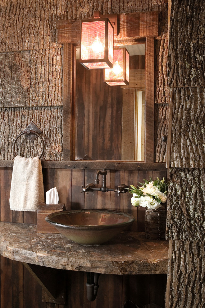 Photo of a country powder room in Sacramento with a vessel sink and grey benchtops.