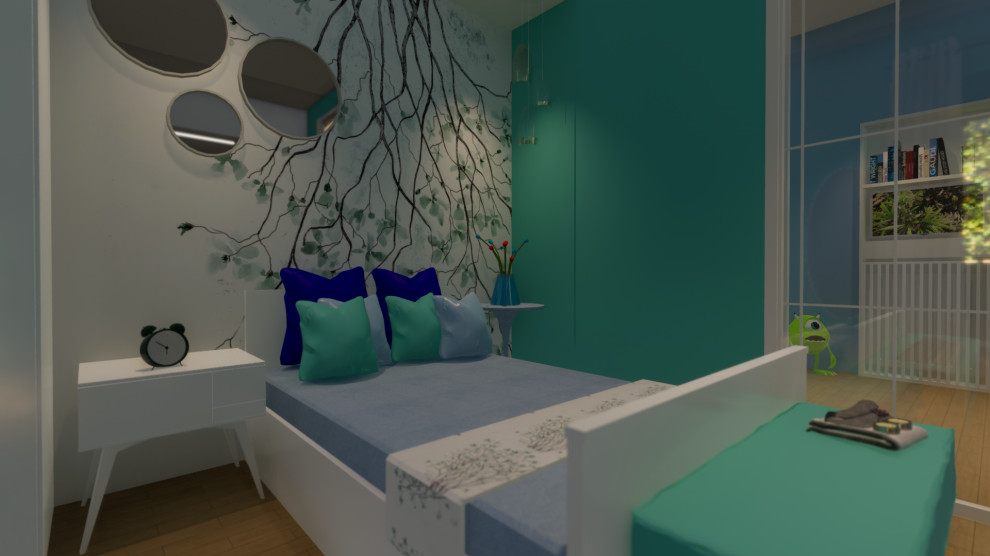 Свежая идея для дизайна: маленькая хозяйская спальня в стиле модернизм с зелеными стенами, светлым паркетным полом и обоями на стенах для на участке и в саду - отличное фото интерьера