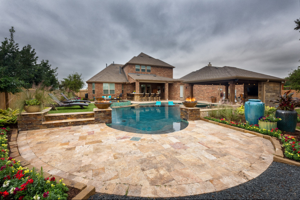 Design ideas for a large modern back custom shaped swimming pool in Houston with a bar area and tiled flooring.