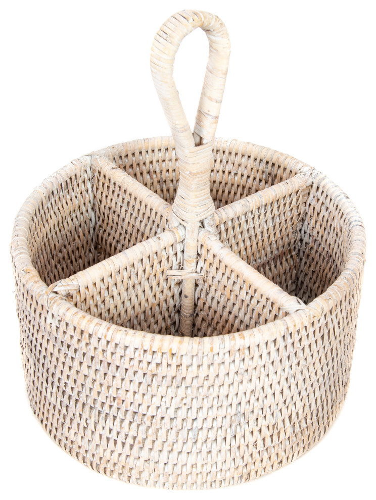 Artifacts Rattan Round 4-Section Caddy/Cutlery Holder, White Wash
