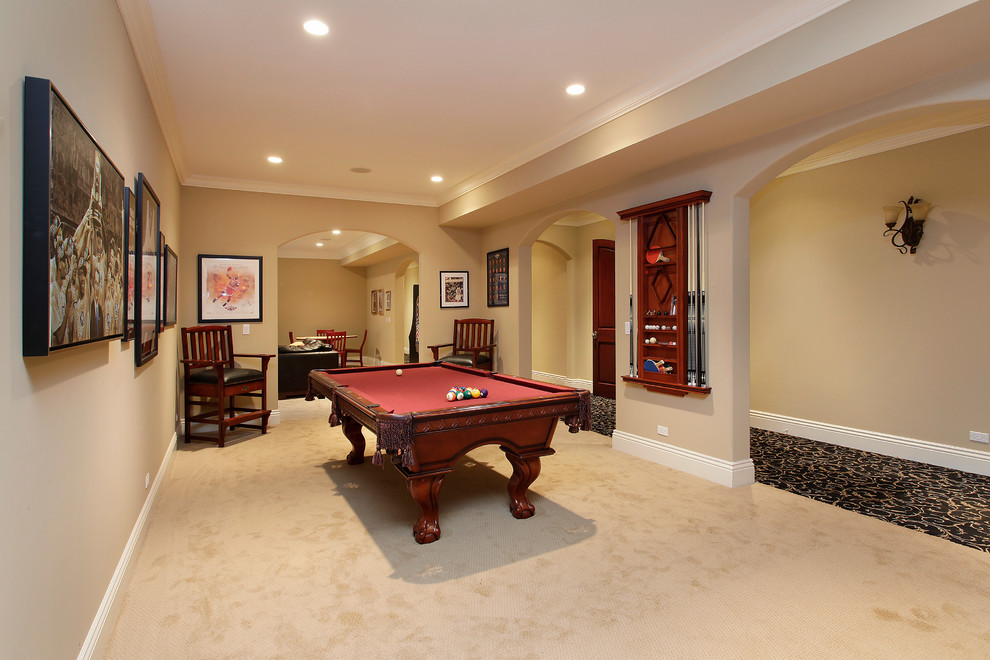 Inspiration for an expansive traditional fully buried basement in Chicago with beige walls, carpet and beige floor.