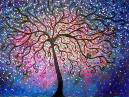 Purple - Blue - Rosy Folk Tree And Lovebirds Original By Jean Vadal Smith Bent