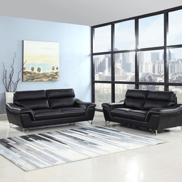 Set of Modern Black Leather Sofa And Loveseat Midcentury Living Room Furniture Sets by