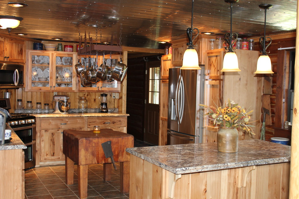 Eat-in kitchen - mid-sized rustic l-shaped ceramic tile and brown floor eat-in kitchen idea in Chicago with shaker cabinets, light wood cabinets, laminate countertops, an island, a double-bowl sink, brown backsplash, wood backsplash and stainless steel appliances